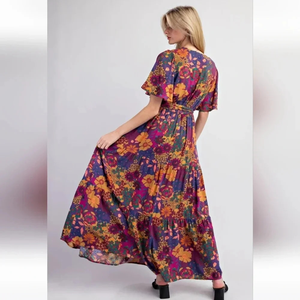 Easel Floral Challis Short Sleeve Maxi Dress New - Picture 5 of 6